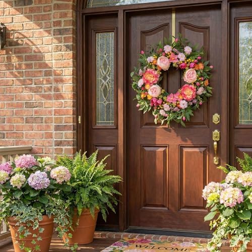Vibrant Spring Wreaths for Front Door, 24 Inch Spring Wreath with Pink Peony Tulip Orchid， Artificial Flower Floral Decor for Front Entry Door Wall Window, Summer Decorations Indoor Outdoor - Image 4