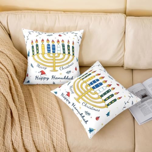 Erosebridal Happy Hanukkah Decorative Pillow Covers, Candlestick Star Print Throw Pillow Covers 24X24 Set of 2, Hanukkah Decorations for Home, Cushion Cases for Couch Bed Sofa Home Decor - Image 2