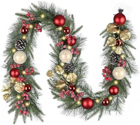 Valery Madelyn 6 Ft Christmas Garland with Lights for Mantle Red Gold by ValeryMadelyn