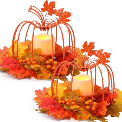 2 Pcs Fall Metal Pumpkin Candle Holder Decor with LED, 11.5 in, Orange by Retisee