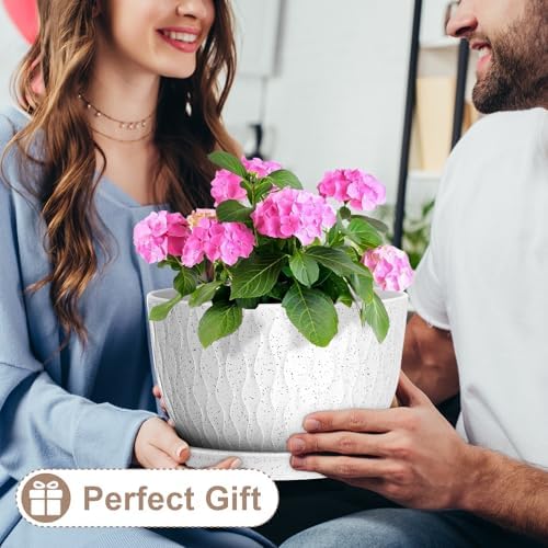 WSMKSZ 12 Inch Wide Water Ripples Flower Pots for Indoor or Outdoor Plants, Large Plant Pots with Drainage Holes & Saucer, Plastic Planters Set for Garden & Home Decor (White with Black Speckles) - Image 5