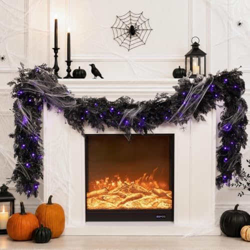 Pre-lit Halloween Garland Decorations Black Real Touch Cedar Cypress with Berry & Spider & Spiderweb Halloween Garland for Mantle, Fireplace, Table, Stairs, Door, Indoor Outdoor Decor, 9FT - Image 6