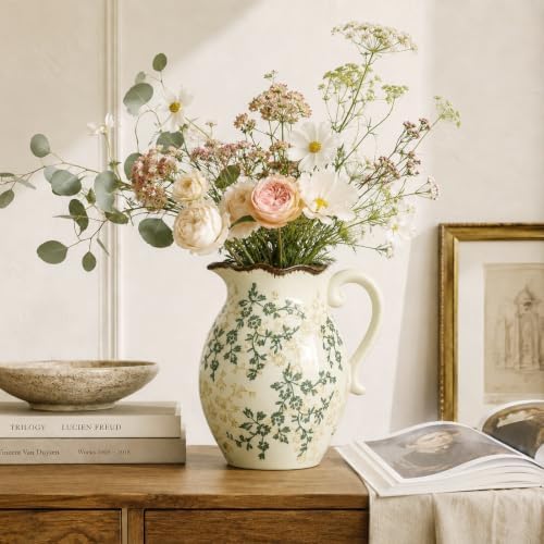 Ceramic Pitcher Vase with Handle, 8.3 Inch Vintage Rustic Farmhouse Vase with Crackle Glaze, Hand-Painted Green Vine Floral, Decorative Water Jug for Living Room, Kitchen, Dining Table Centerpiece - Image 7