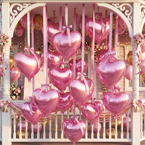 Jenaai 30 Set Heart Foil Balloon with Bow, Pink - Image 5
