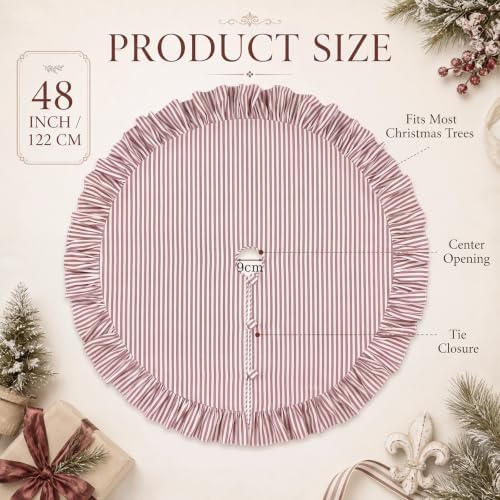48 Inches Striped Christmas Tree Skirt Vintage Ruffle Decor, Red White - Image 2