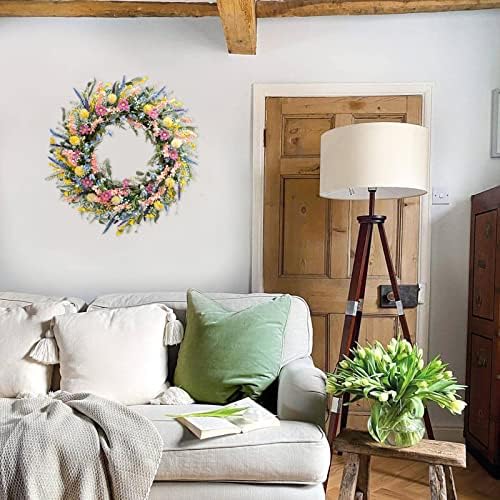 26 Inch Spring Summer Colorful Flower Wreath for Front Door, Forsythia Lavender Wild Flowers Wreath for Home Decor, Colorful Wild Flowers with Green Leaves for Everyday - Image 3