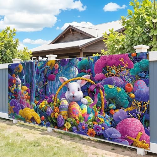 7 * 16FT Summer Garage Door Cover Decorations Sunset Palm Trees Garage Door Banner for Outdoor Indoor Summer Party Photography Backdrop (easter bunny, 7 * 16 ft) - Image 5