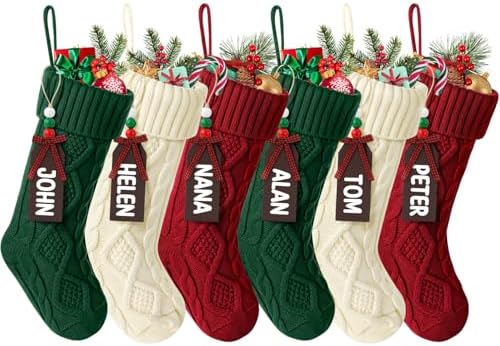 Hommtina Christmas Stockings, Personalized Christmas Stockings 18 Inches Large Size Cable Knitted Stocking Gifts (6pcs White&red&Green) by Hommtina