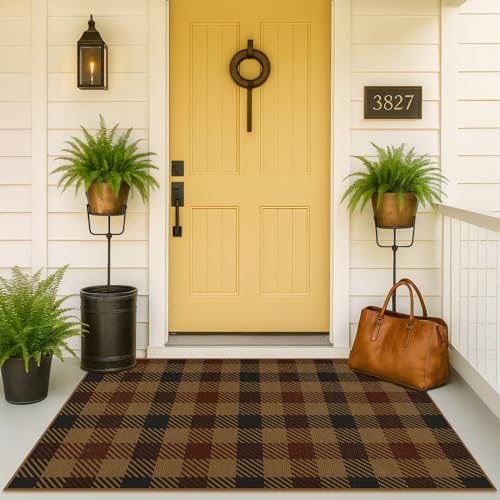 JTJ Easy Jute 3x5 Outdoor Rug, Black & Brown Plaid, Washable - Image 3