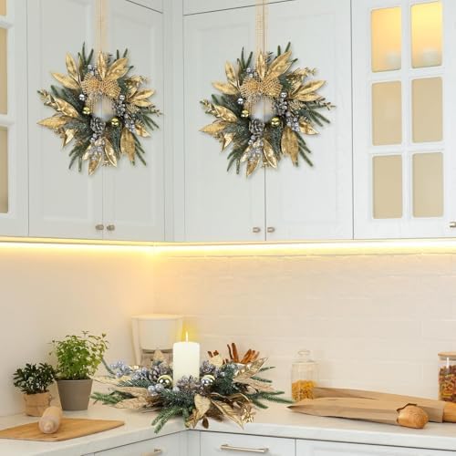 6 Pcs 9 Inch Christmas Wreaths for Kitchen Cabinet Artificial Pine Hanging Cedar Wreath with Christmas Balls Golden Twigs and Silver Berries for Front Door Xmas Winter Farmhouse Home Decorations - Image 5