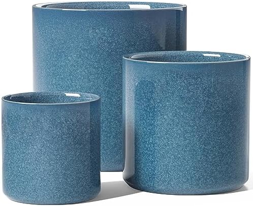 LE TAUCI 10+8+6 Inch Ceramic Pots for Plants, Indoor Planters with Drainage Hole and Plug, Modern Cylinder Flower Pots Set of 3 for Living Room and Bedroom, Glossy, Harbor Blue by LETAUCI