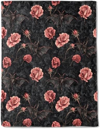Gothic Bat and Rose Fleece Blanket - Lightweight Soft Cozy Gifts Throw for Goth Lovers, Kids,Women,Dark Romantic Black Blankets,Home Room Modern Halloween Decor 50x60in by AINORI