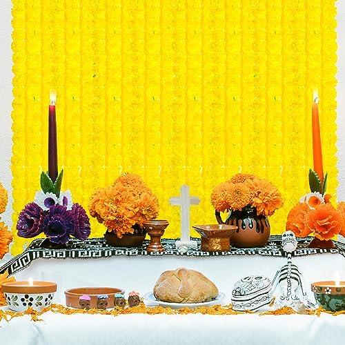 Tigeen 24 Pcs Faux Marigold Flowers Garland 5 Ft Strands,Yellow - Image 5