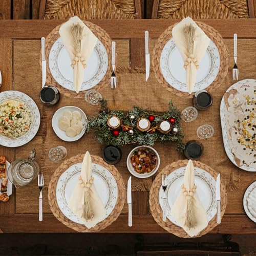 24 PCS Round Woven Placemats Set, 8 Boho Rattan Tablemats 13" Natural Water Hyacinth Farmhouse Place Mats with 8 Napkin, 8 Wooden Beads Napkin Ring for Kitchen Dining Table Decor Wedding Christmas - Image 5