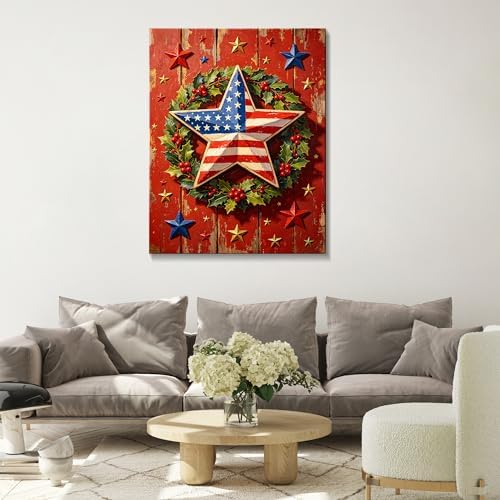 July 4th Patriotic Canvas Wall Art 4th of July USA Decorations American Flag Star Wreath Picture Wall Decor Independence Day Home Decor 24x32in - Image 2