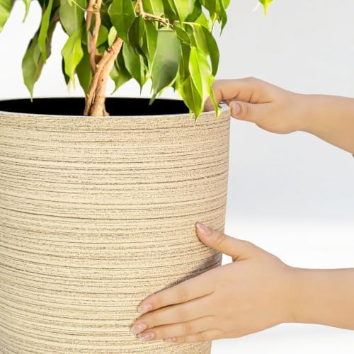 ZMTECH 4 Pack Plastic Planters 21/18/12/10in, Beige Faux Stone Finish Round Flower Pots with Drainage Holes & Saucers, Large Tall Plant Pots for Indoor Outdoor, Patio Garden Decor, Plant Containers - Image 6