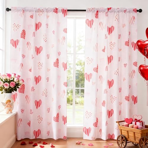 youleyar Valentine's Day Curtains for Living Room, 84 Inch Length Red Heart Rose Printed Pattern Curtain, Rod Pocket Window Drapes Decorations for Bedroom Dining Room Drapes, 52W x 84L by Youleyar