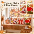 Mixweer 4 Pcs Fall Pillow Covers Set, 18 x 18 Inch Embroidered Autumn Throw Pillow Cases, Harvest Thanksgiving Square Throw Cushion Cover for Couch Sofa Bed Home Decoration - Image 4