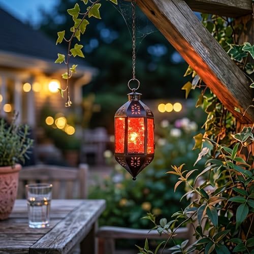 Vela Lanterns Hanging Moroccan Lantern with LED Twinkle Fairy Lights - Exotic Decorative Patio & Porch Decor, Indoor Outdoor Candle Lamp Holder with Chain (13" Large, Color Changing) - Image 3