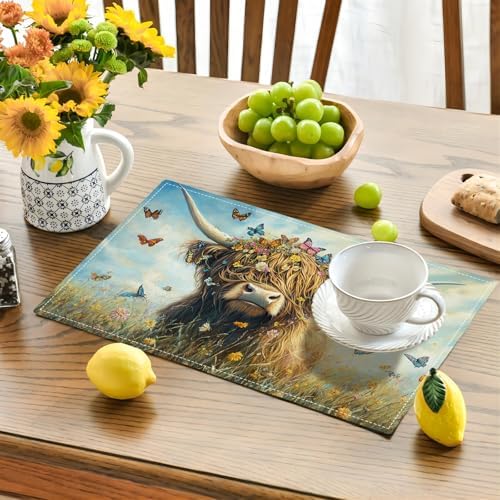 Farmhouse Highland Cow Placemats Set of 6 Rustic Animal Table Mats Farm Butterfly Place Mats Decor Imitation Linen Heat Resistant Tablecloth for Dining Decoration Kitchen Party Restaurants 12''x18'' - Image 2