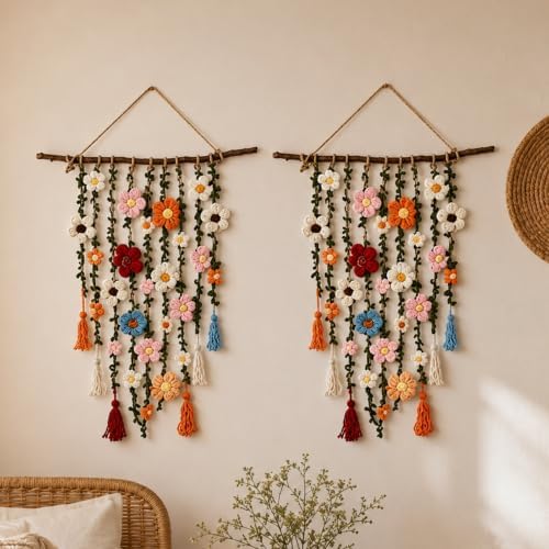 Bohemian Crochet Flowers Wall Decor Handmade Macrame Hanging (2PCS) by Bejoyso