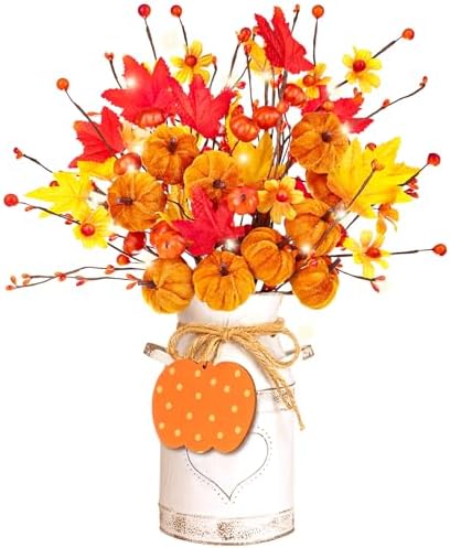 Thanksgiving Centerpieces for Tables Fall Table Decor 5 Pcs Artificial Pumpkins Maple Leaf Stems with Vase, String Lights and Wooden Sign Flowers Arrangements for Autumn Harvest Farmhouse Home Decor by VAIPI