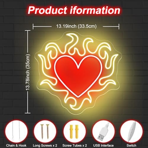 Flaming Heart Neon Sign Cool Wedding Neon Led Light Personalized Gift Idea for Her on Valentines Day, Aesthetic Heart Flame Wall Art Decor, Dark Gothic Wall Art, Birthday Gift, Witch Decor-13.8" - Image 3