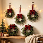6 Set Christmas Hanging Wreaths Small Artificial Pine Cedar Wreaths with Red Velvet Ribbon Pine Cones Mini Faux Evergreen Wreath for Front Door Porch Cabinet Window Xmas Holiday Home Decorations - Image 2