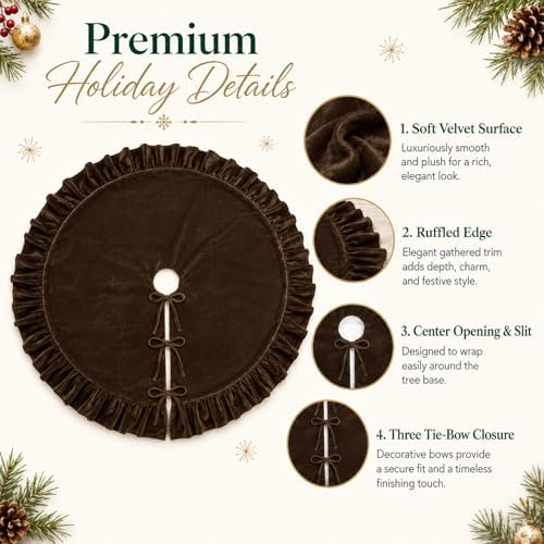 Velvet Christmas Tree Skirt, 60 Inches Darkbrown Ruffled Velvet Christmas Tree Skirt,Rustic Vintage Xmas Tree Skirt for Party Decorations - Image 4