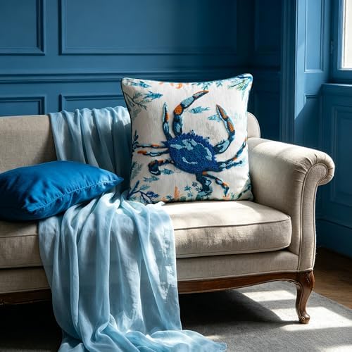 JWH Blue Crab Embroidered Throw Pillow Cover, Summer Pillowcase, 18x18 Inch - Image 3