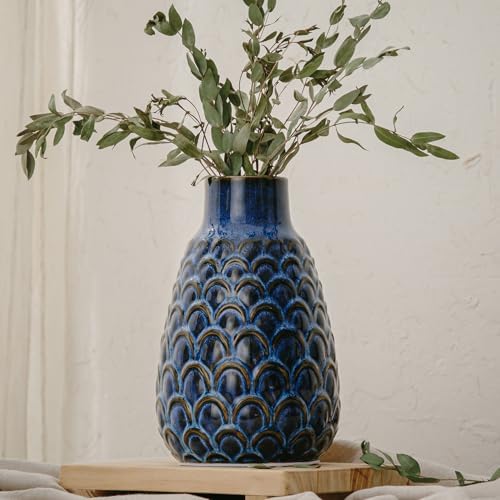 Ceramic Flower Vase, 9.06” Vintage Blue Pottery Vase for Home Decor, Rustic Textured Vase for Pampas Grass, Living Room, Entryway, Mantel, Kitchen Table, Centerpiece by SUREYUESI