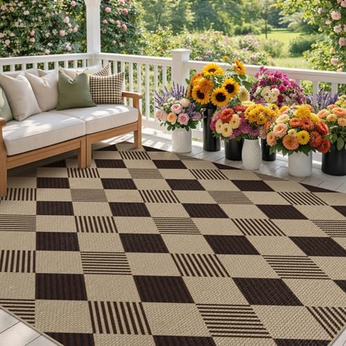JTJ Easy Jute Outdoor Rug 5x7, Beige & Black Diamond Checkered Plaid Washable Non Slip Indoor Outdoor Area Rug for Living Room, Patio, Bedroom & Home Office, Farmhouse Geometric Low Pile Carpet by JTJ