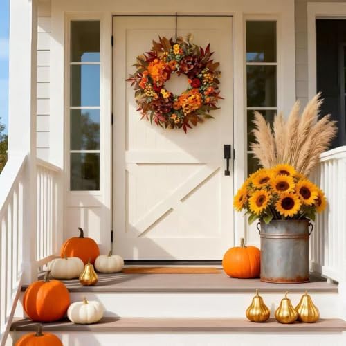 HipTree 24 Inch Fall Wreath for Front Door with Hydrangea&Velvet Pumpkin - Image 4