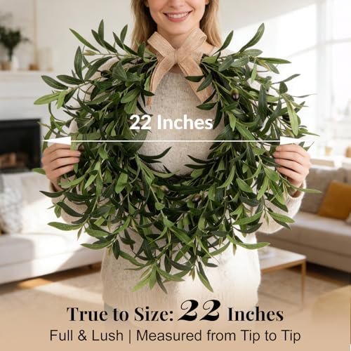 Artificial Olive Wreath for Front Door - 22 Inch Faux Greenery Wreath with Burlap Bow & Olives - Modern Farmhouse Wall Decor, Year Round Spring Summer Wreath for Indoor Outdoor Wedding Entryway - Image 3