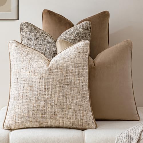 a moment Neutral Khaki Brown 4 Pack Throw Pillow Covers - Chenille & Velvet Set with Piping, Farmhouse Textured Design Pillow Cases for Couch Sofa Bed Livingroom (18x18 Inch, No Insert) by amoment