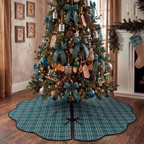 Junkin Green Blue Plaid Quilted 60in Christmas Tree Skirt Tartan Tree Decor - Image 5