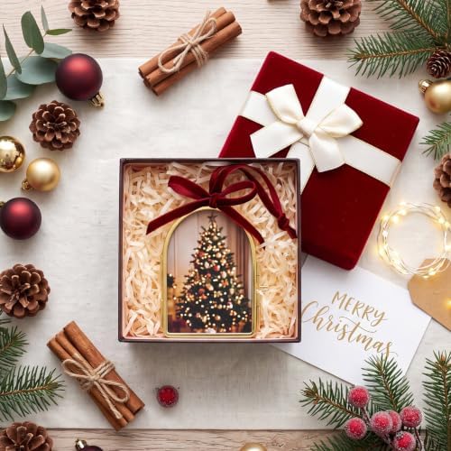Qunclay 6 Pcs 2.5 x 3.5 Christmas Brass Picture Frame Ornaments Arch Xmas Metal Double Glass Hanging Photo Frame with Burgundy Velvet Ribbon for Christmas Tree Decorations(Gold Burgundy, Arch) - Image 5