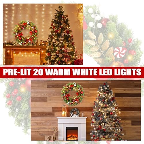 Sggvecsy 17 Inch Artificial Christmas Wreath for Front Door with 20 LED Lights Pine Needles Christmas Balls Red White Berries Pine Cones Bows Decoration for Winter Outdoor Wall Home Holiday Xmas Decor - Image 5