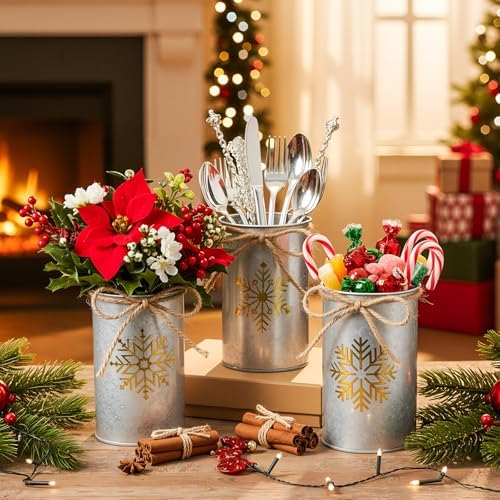 Domensi 6 Pcs Christmas Table Centerpieces Gold Snowflake Vases Decor Rustic Farmhouse Galvanized Metal Vase for Flower Mason Jar Utensil Holder for Home Kitchen Office Xmas Holiday Winter Decorations - Image 2
