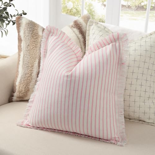 ZWJD Throw Pillow Covers 18x18 Set of 2 Striped Pillow Covers with Fringe Chic Cotton Decorative Pillows Square Cushion Covers for Sofa Couch Bed Living Room Farmhouse Decor (Pink) - Image 2