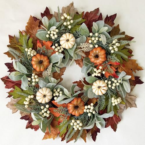 Fall Wreath for Front Door, 20'' Autumn Pumpkin Wreath with Cream Berries, Greenery, Lamb Ear & Maple Leaves, Thanksgiving Harvest Fall Decorations for Home Porch Wall Window Indoor Outdoor by EZsenses
