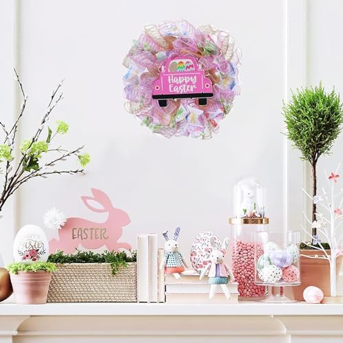 Easter Wreaths for Front Door with Lights,Easter Door Wreath,Easter Mesh Wreath,Bunny Spring Colorful Easter Decorations Holiday Ornament for Home Indoor Outdoor Supplies (Pink Car) - Image 7