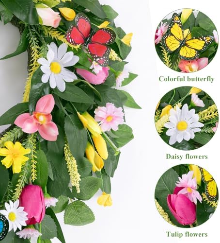 U'Artlines 22 Inch Tulip Wreath for Front Door, Spring Summer Silk Wreath with Green Leaves Colorful Butterfly Artificial Tulip Flower Wreaths for All Seasons Window Wall Wedding Valentines Day Decor - Image 4