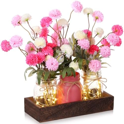 Suncalla 3pcs Pink White Fake Kiku Flowers Mason Jar Table Centerpiece by Unknown