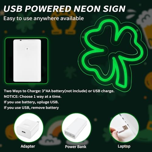 MissAudrey 2Pcs Go Irish Neon Sign, 8 * 9in Shamrock Neon Lights, St. Patrick's Day Decorations with USB/Battery Powered, Neon Sign Hanging for Window Wall Table Bedroom Man Cave Bar Pub Club Party - Image 4