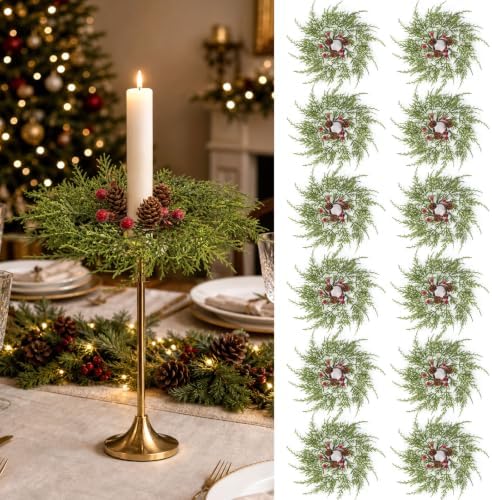 12 PCS Christmas Pine Taper Candle Rings Wreaths 1.38" Mini Norfolk Pine Taper Candle Holder Wreaths Candle Rings with Berry Pinecones for Xmas Holiday Church Home Table Centerpiece Candlesticks Decor by Unknown