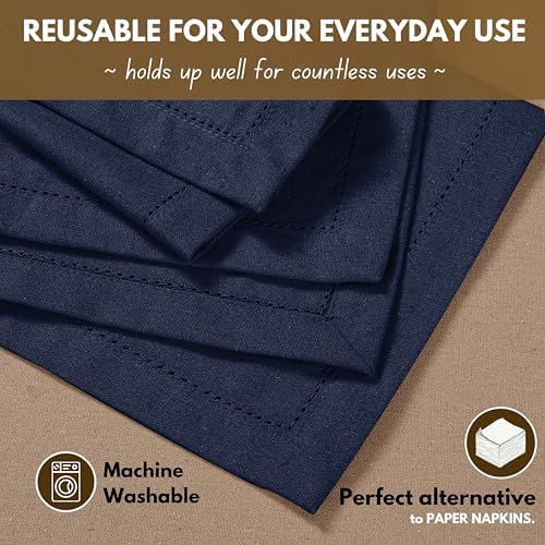 Native Fab Cloth Napkins Set of 12, Hemstitched Edges 100% Cotton, Washable Dinner Napkins 18x18 inch, Soft & Comfortable Reusable Table Napkins - Navy Blue - Image 4