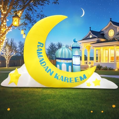 KOOY 7.8 FT Long Inflatable Ramadan Crescent Moon Decorations with Mosque & Star Blow Up Islamic Eid Decor Muslim Holiday Outdoor Decorations with LED Lighted by KOOY