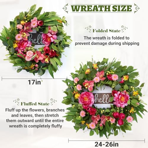 AMOIRSE 24" Wreaths for Front Door with Hello Sign,Artificial Eucalyptus Wreath with Pink Penoy,Magnolia,Tulip,Berries,Greenery Summer Wreath for Front Door,Farmhouse,Porch,Wall,Window Outdoor Decor - Image 6