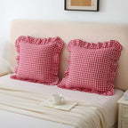 Silnuo Red/White Gingham Ruffle Throw Pillow Covers Set of 2-24" x 24" - Image 2